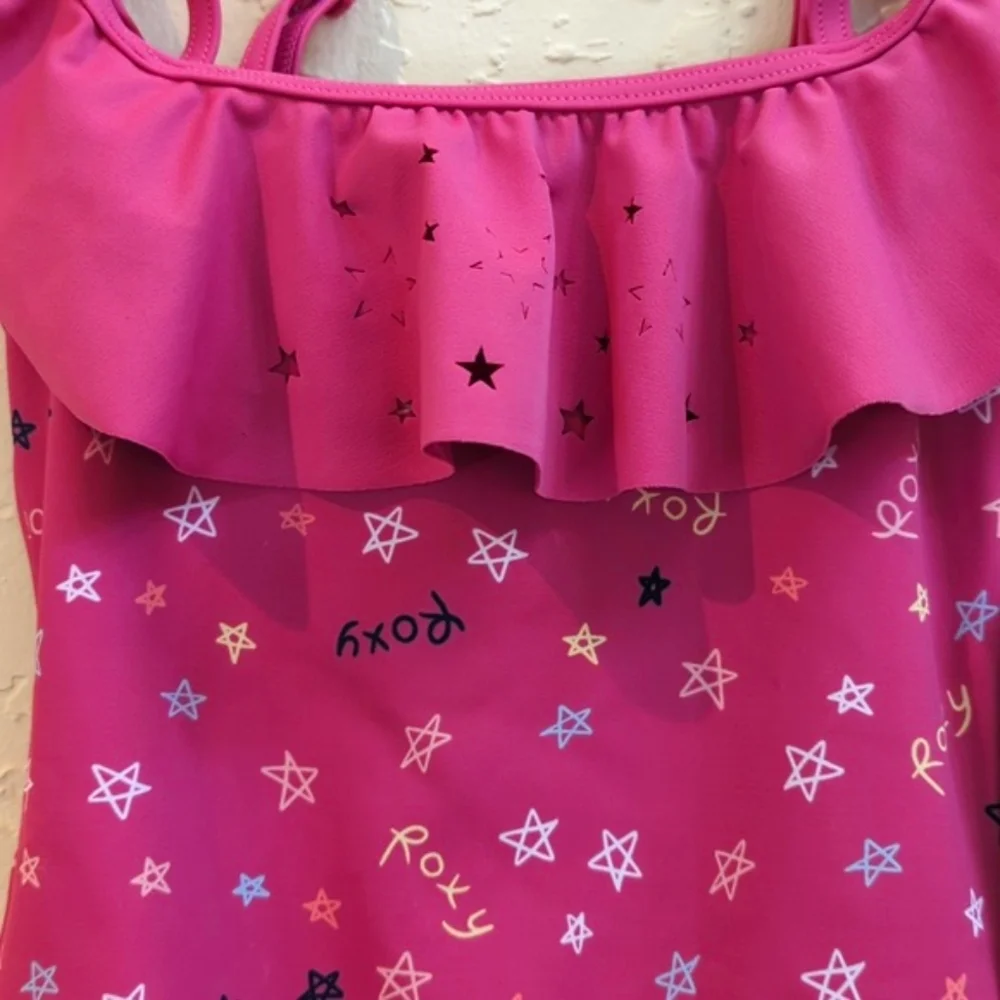 Roxy Pink Guava Tiny Stars Ruffle Off Shoulder One Piece Swim Suit Size 4T